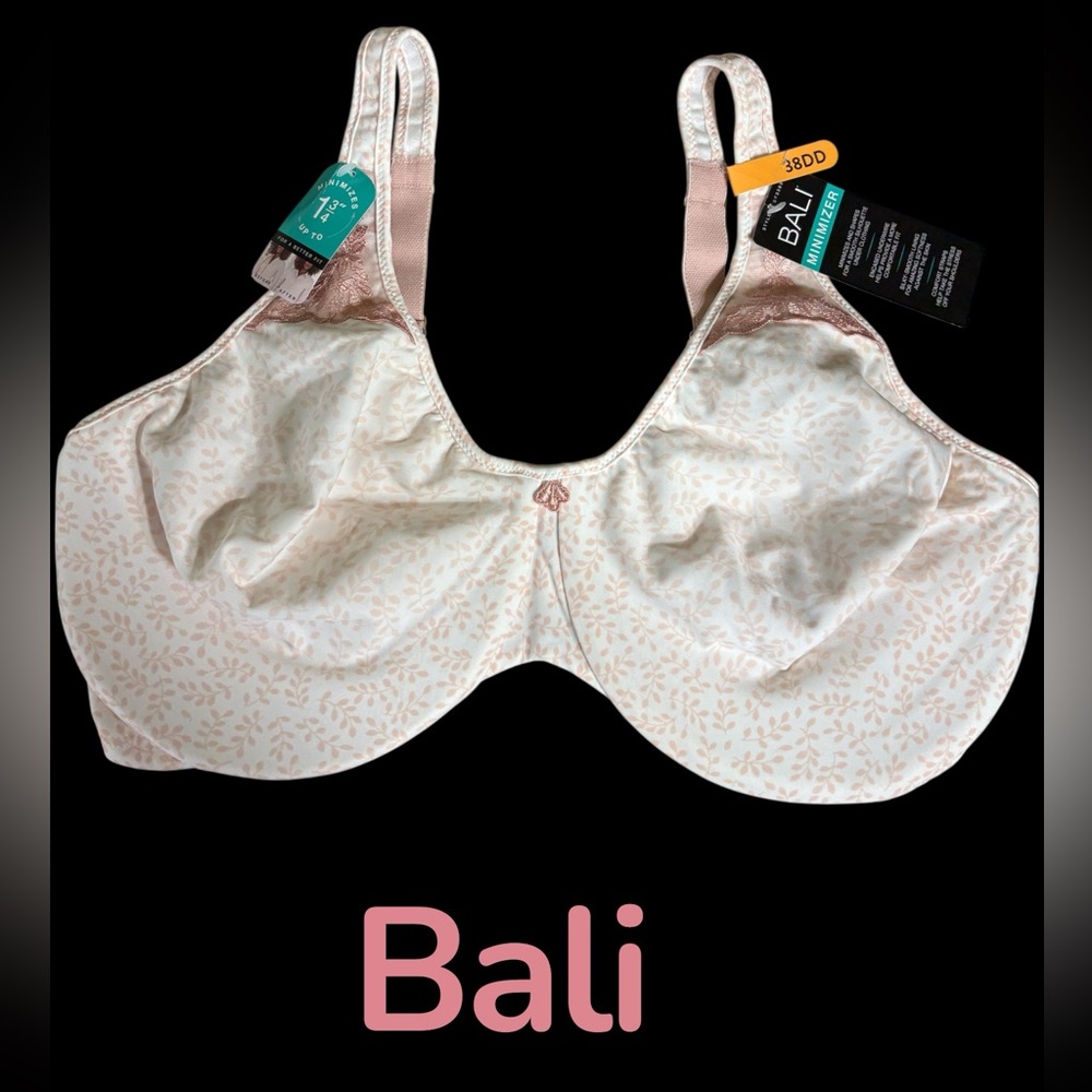 Bali-NWT 38DD minimizer bra. Pretty white/pink, underwire, comfort straps. New! - Picture 9 of 10